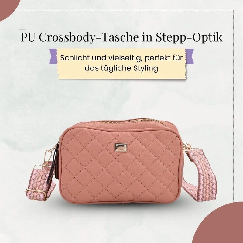 Crossbody-Tasche mit Steppmuster und gemustertem Schultergurt, Kunstleder, 21 x 13 x 7.5 cm, Pink