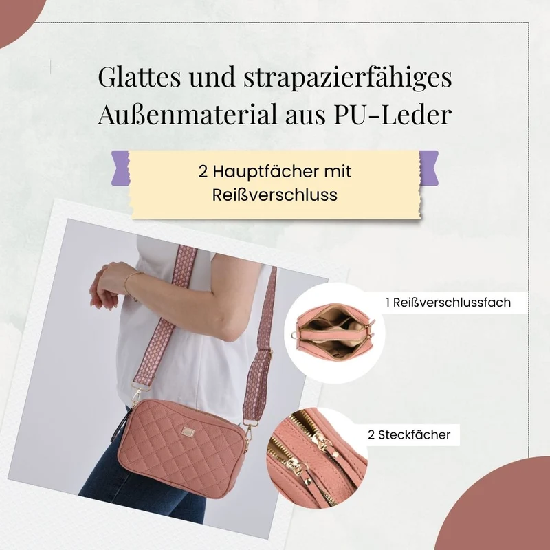 Crossbody-Tasche mit Steppmuster und gemustertem Schultergurt, Kunstleder, 21 x 13 x 7.5 cm, Pink