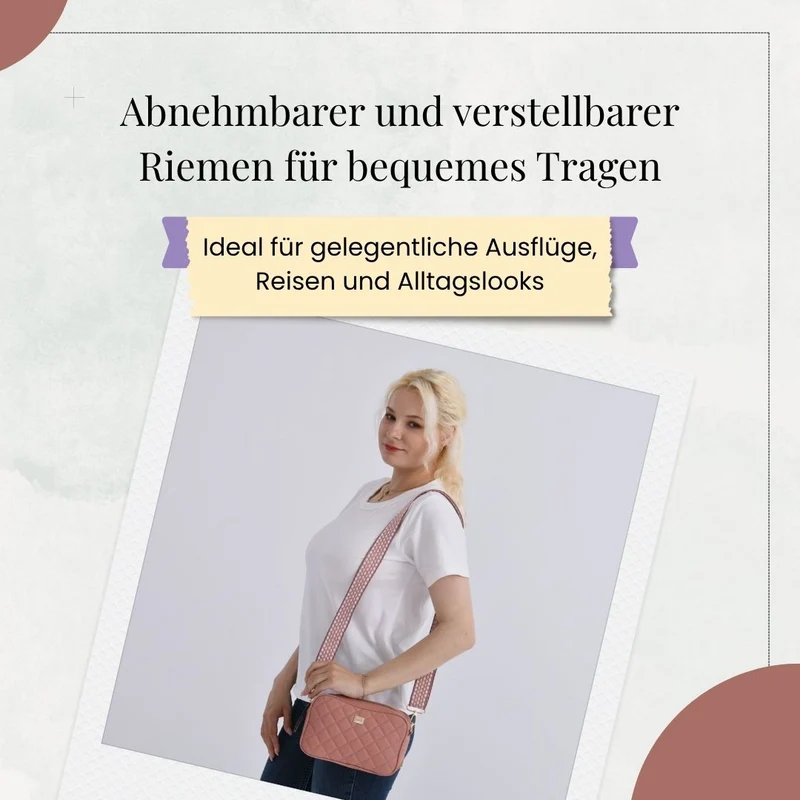 Crossbody-Tasche mit Steppmuster und gemustertem Schultergurt, Kunstleder, 21 x 13 x 7.5 cm, Pink