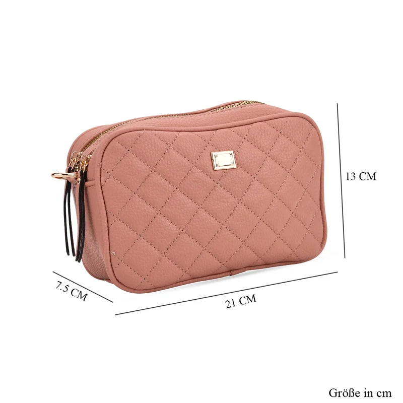 Crossbody-Tasche mit Steppmuster und gemustertem Schultergurt, Kunstleder, 21 x 13 x 7.5 cm, Pink