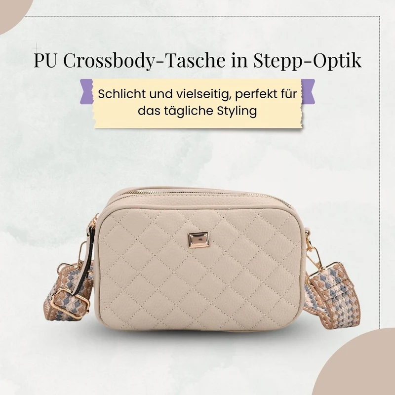 Crossbody-Tasche mit Steppmuster und gemustertem Schultergurt, Kunstleder, 21 x 13 x 7.5 cm, Pink