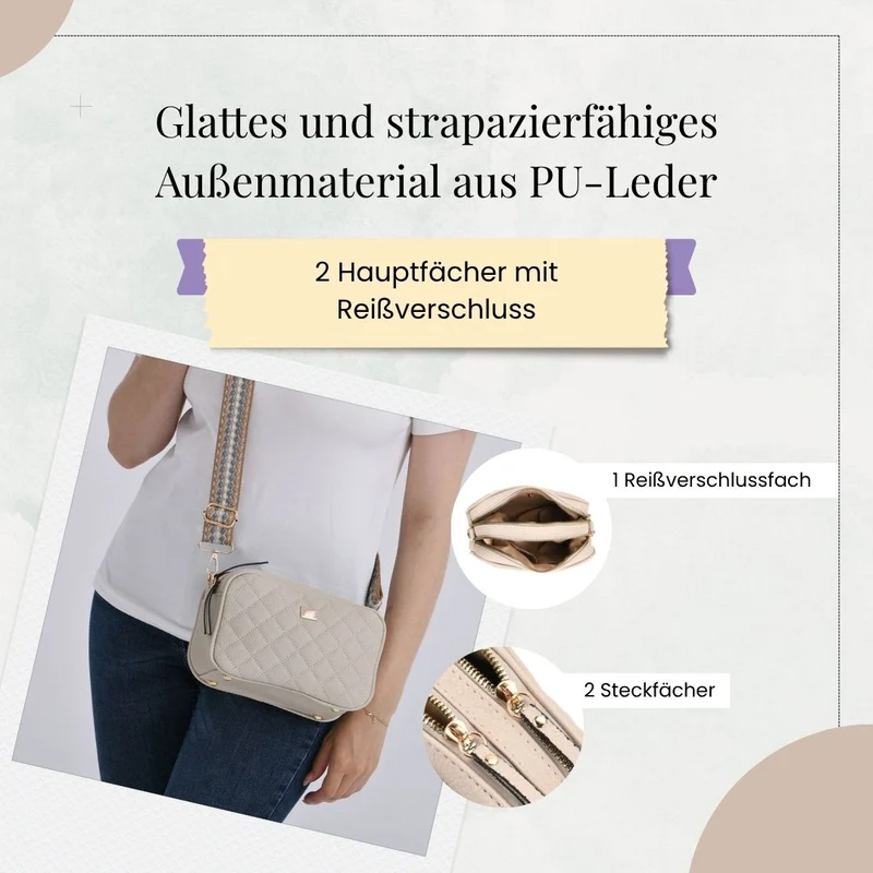 Crossbody-Tasche mit Steppmuster und gemustertem Schultergurt, Kunstleder, 21 x 13 x 7.5 cm, Pink