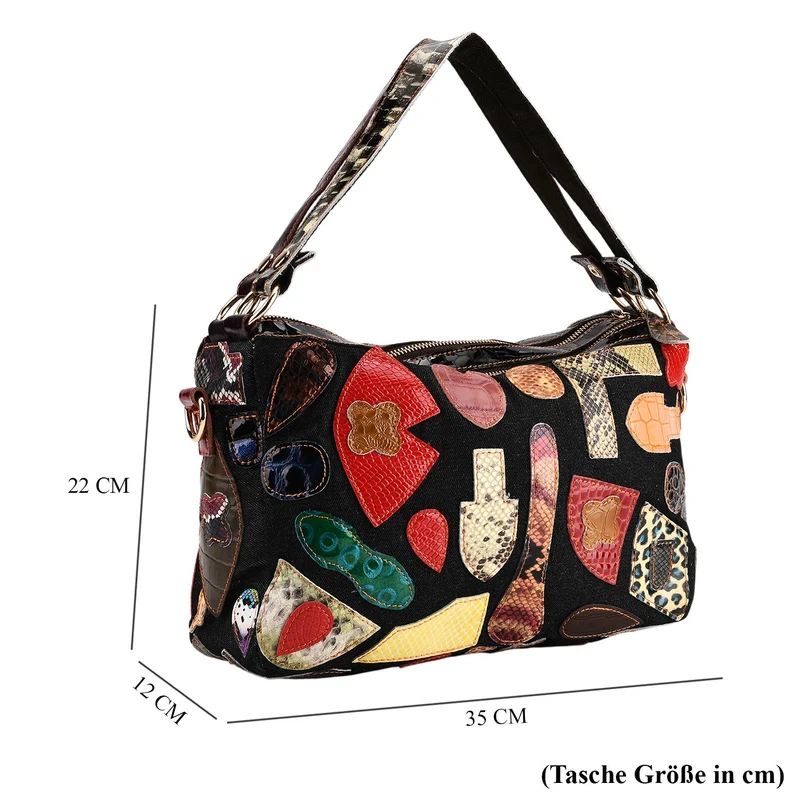 Chaos by Elsie Echtleder Schultertasche mit RFID, künstlerisches Leder Patchwork, 35 x 12 x 22 cm, Blau