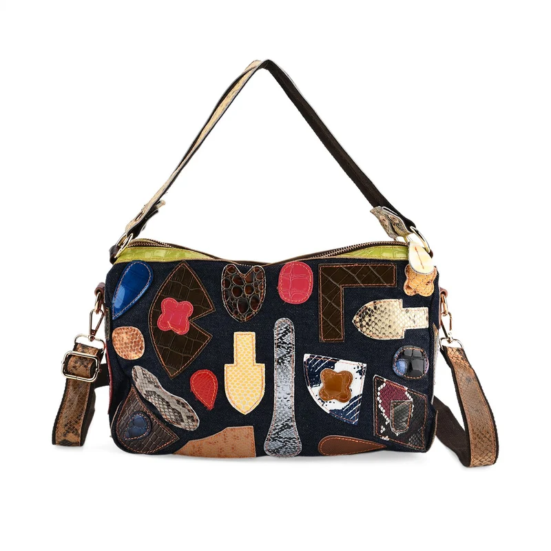 Chaos by Elsie Echtleder Schultertasche mit RFID, künstlerisches Leder Patchwork, 35 x 12 x 22 cm, Blau