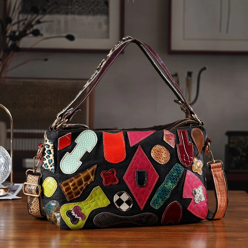 Chaos by Elsie Echtleder Schultertasche mit RFID, künstlerisches Leder Patchwork, 35 x 12 x 22 cm, Blau
