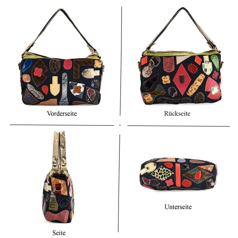 Chaos by Elsie Echtleder Schultertasche mit RFID, künstlerisches Leder Patchwork, 35 x 12 x 22 cm, Blau