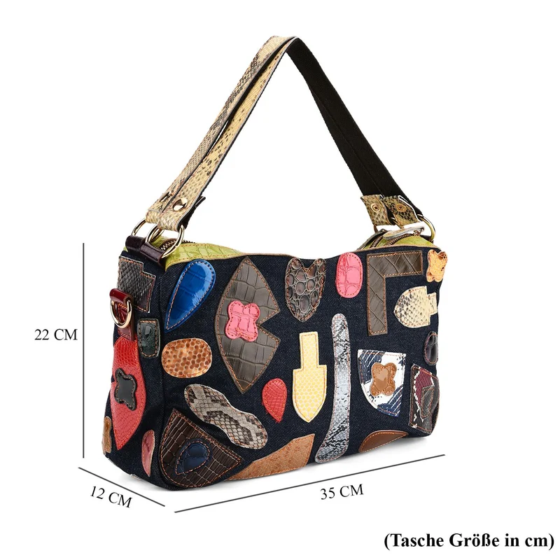 Chaos by Elsie Echtleder Schultertasche mit RFID, künstlerisches Leder Patchwork, 35 x 12 x 22 cm, Blau