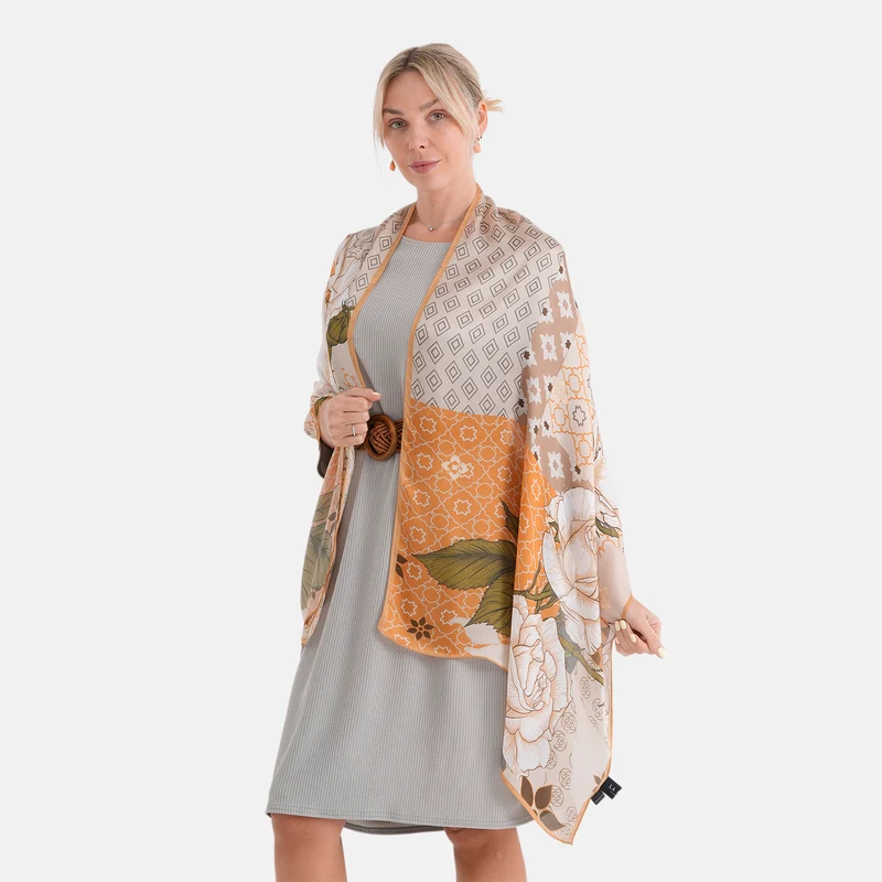 LA MAREY Signature Set mit Seidenschal und Seidentropfen-Ohrringen, 100% Maulbeerseide, 65 x 170 cm, Perlgrau mit Beige