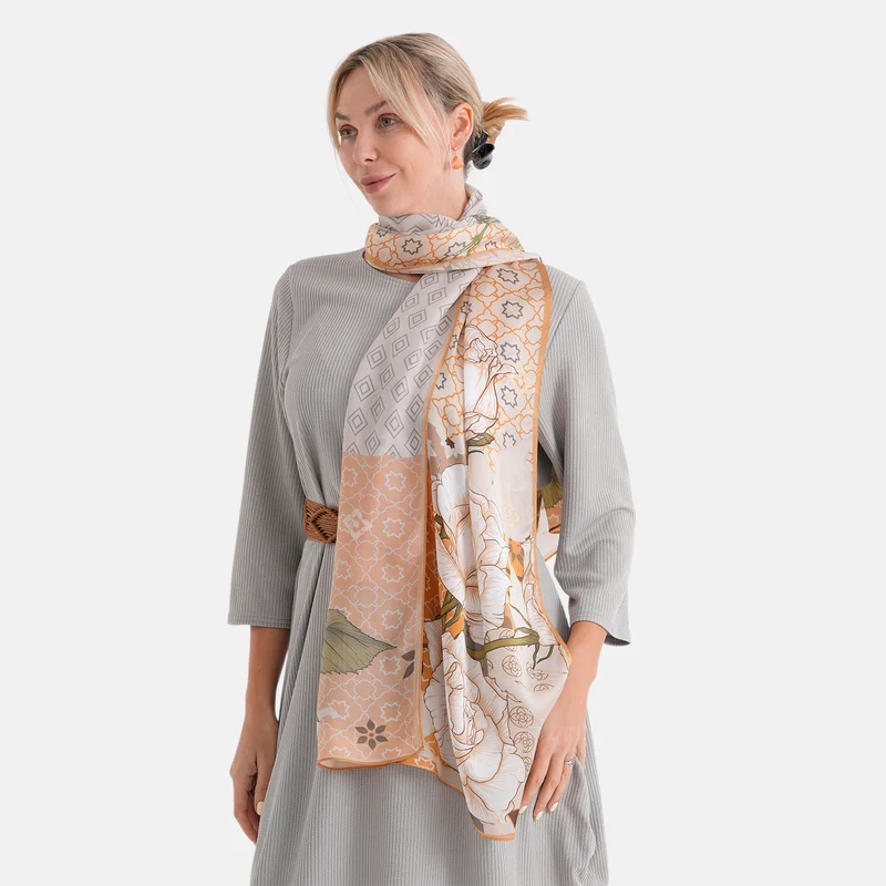 LA MAREY Signature Set mit Seidenschal und Seidentropfen-Ohrringen, 100% Maulbeerseide, 65 x 170 cm, Perlgrau mit Beige