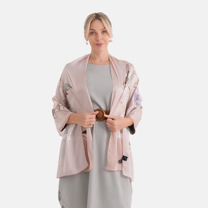 LA MAREY Signature Set mit Seidenschal und Seidentropfen-Ohrringen, 100% Maulbeerseide, 65 x 170 cm, Perlgrau mit Beige