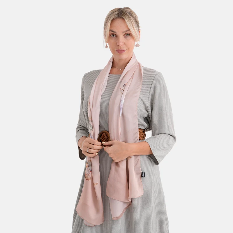 LA MAREY Signature Set mit Seidenschal und Seidentropfen-Ohrringen, 100% Maulbeerseide, 65 x 170 cm, Perlgrau mit Beige