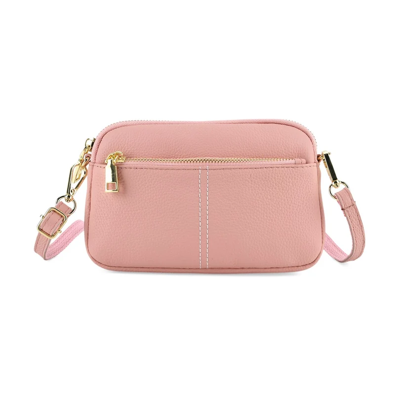 Echtes Leder Umhängetasche mit Reißverschluss 21 x 5 x 14 cm Rosa