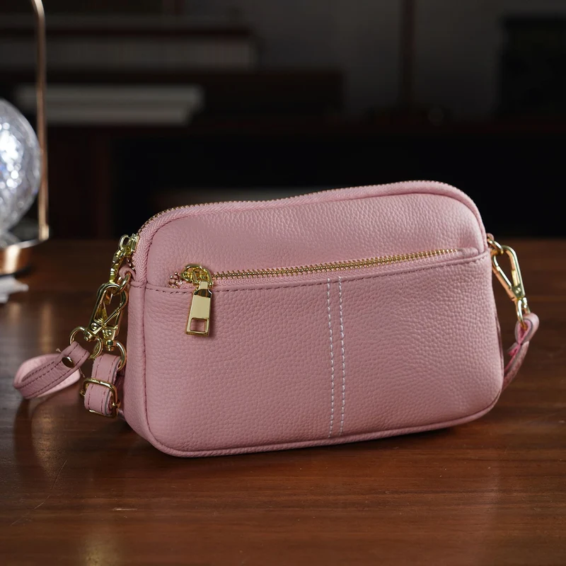 Echtes Leder Umhängetasche mit Reißverschluss 21 x 5 x 14 cm Rosa