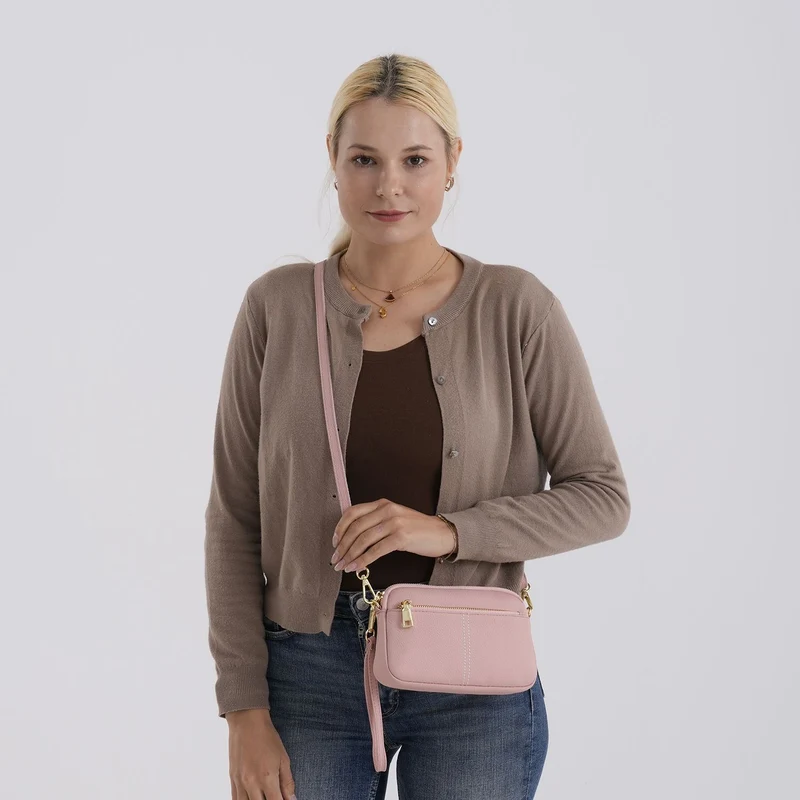 Echtes Leder Umhängetasche mit Reißverschluss 21 x 5 x 14 cm Rosa