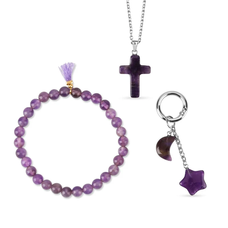 3er Set Rosenquarz Schmuckset mit Schlüsselanhänger, Armband und Halskette mehrfarbig