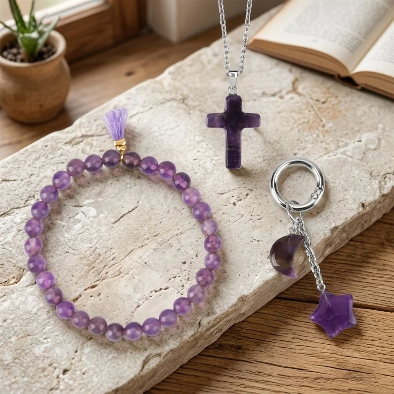 3er Set Rosenquarz Schmuckset mit Schlüsselanhänger, Armband und Halskette mehrfarbig