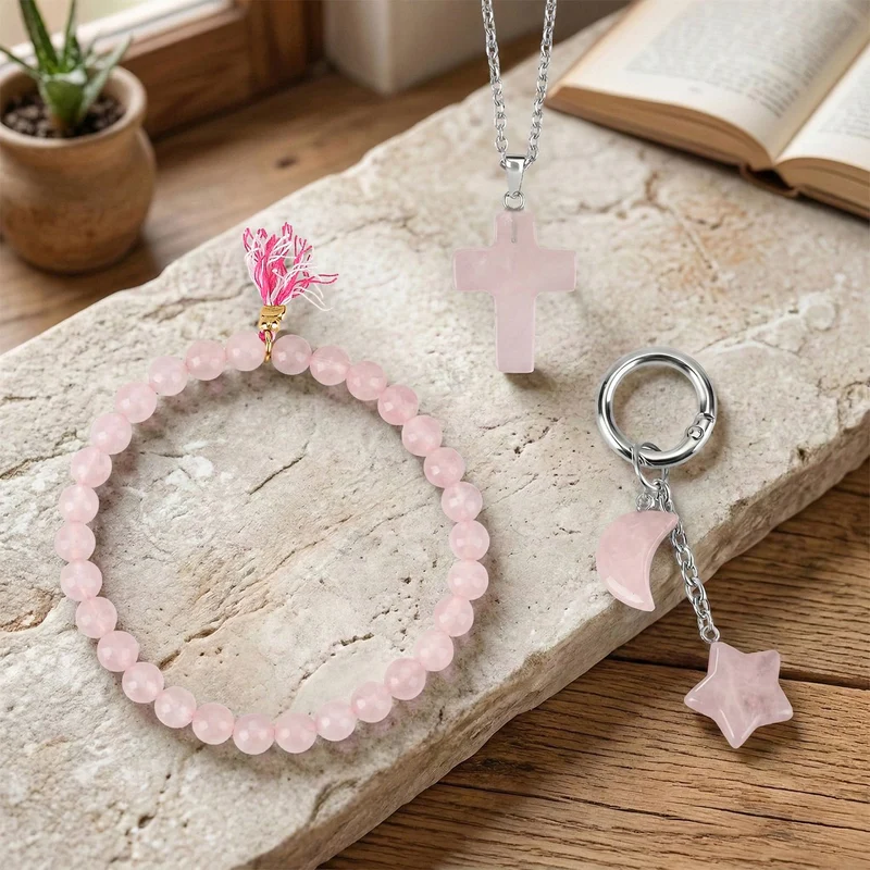 3er Set Rosenquarz Schmuckset mit Schlüsselanhänger, Armband und Halskette mehrfarbig