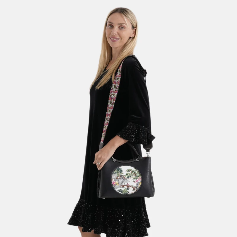Florale Kunstprint Crossbody-Tasche mit gemustertem Schulterriemen, 30 x 18 x 22 cm, Rot