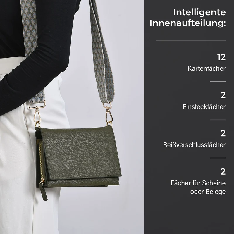 Crossbody-Tasche mit Überschlag und modischem Gliederriemen, RFID-Schutz, ca. 20x4x14 cm , Grün