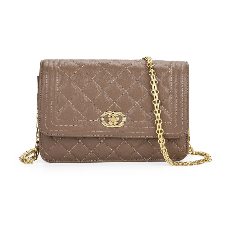 Crossbody-Tasche aus Echtleder mit Kettenriemen, 23,5x14x8 cm, Hellgrau