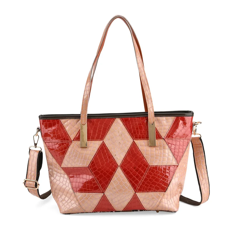 Chaos by Elsie Echtleder Shopper mit RFID, geometrisches Rauten Patchwork im 3D Würfel Look, Leopard mit Hochglanz Optik, 30 x 14 x 27 cm, Schwarz Braun