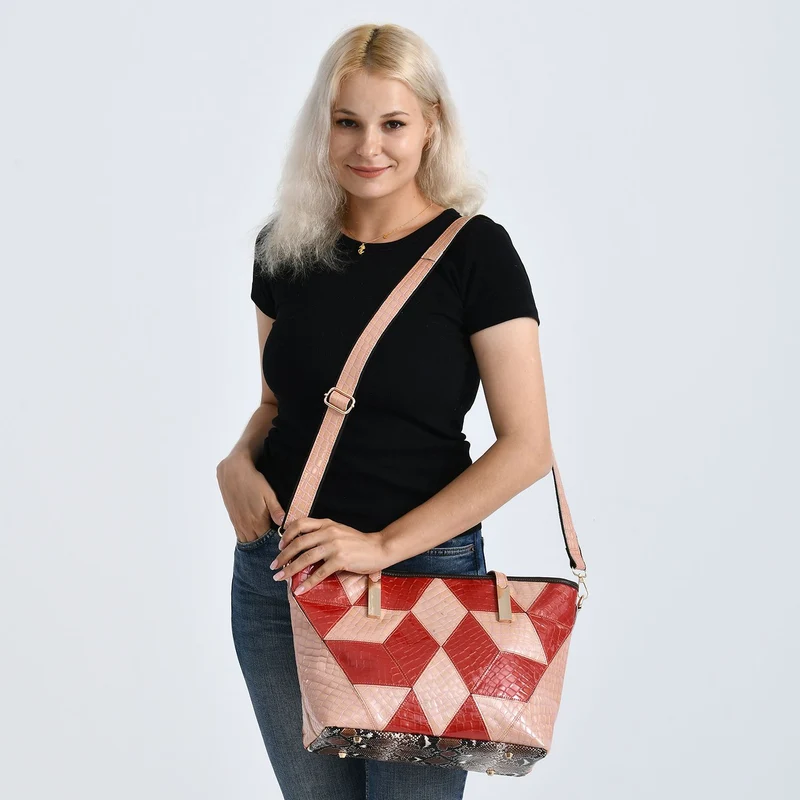 Chaos by Elsie Echtleder Shopper mit RFID, geometrisches Rauten Patchwork im 3D Würfel Look, Leopard mit Hochglanz Optik, 30 x 14 x 27 cm, Schwarz Braun