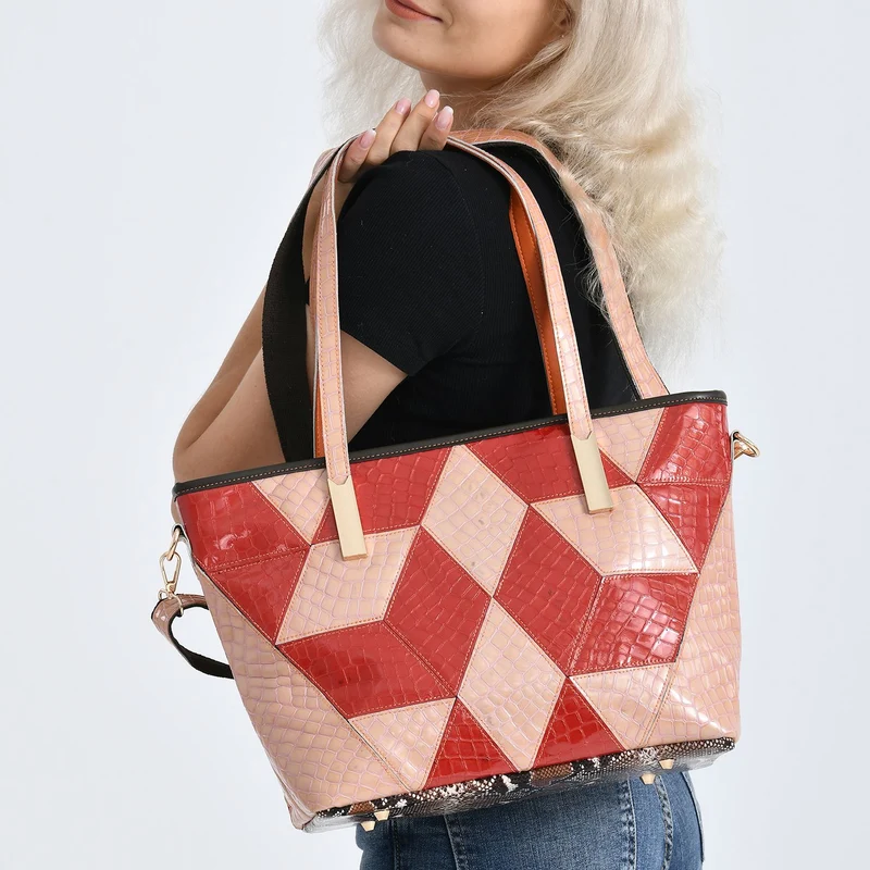 Chaos by Elsie Echtleder Shopper mit RFID, geometrisches Rauten Patchwork im 3D Würfel Look, Leopard mit Hochglanz Optik, 30 x 14 x 27 cm, Schwarz Braun