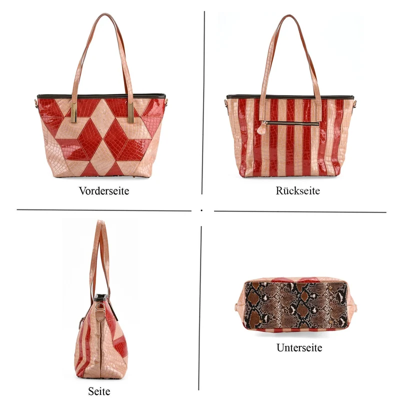Chaos by Elsie Echtleder Shopper mit RFID, geometrisches Rauten Patchwork im 3D Würfel Look, Leopard mit Hochglanz Optik, 30 x 14 x 27 cm, Schwarz Braun