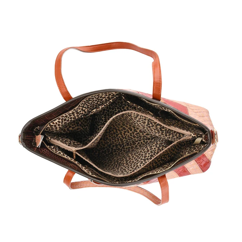 Chaos by Elsie Echtleder Shopper mit RFID, geometrisches Rauten Patchwork im 3D Würfel Look, Leopard mit Hochglanz Optik, 30 x 14 x 27 cm, Schwarz Braun