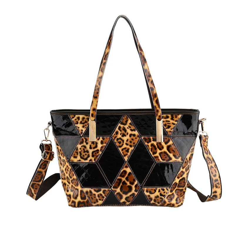 Chaos by Elsie Echtleder Shopper mit RFID, geometrisches Rauten Patchwork im 3D Würfel Look, Leopard mit Hochglanz Optik, 30 x 14 x 27 cm, Schwarz Braun