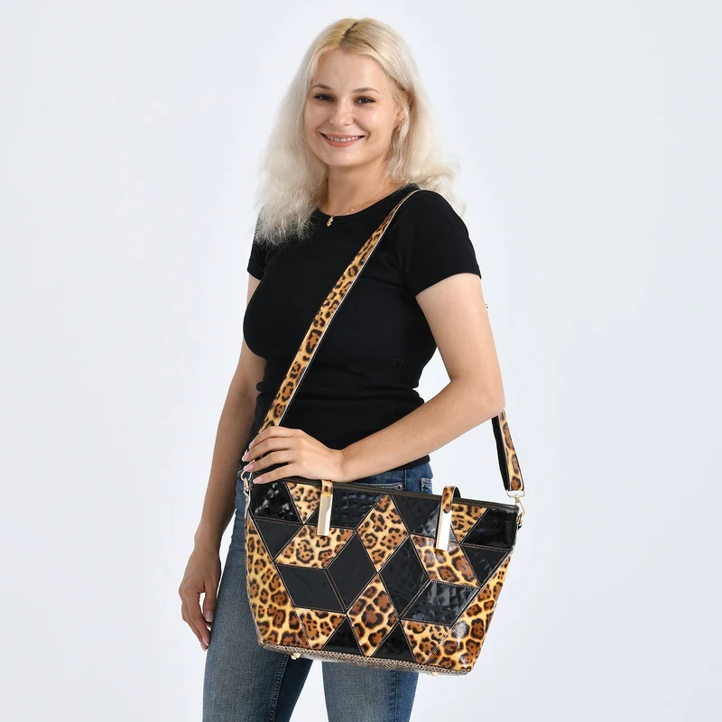 Chaos by Elsie Echtleder Shopper mit RFID, geometrisches Rauten Patchwork im 3D Würfel Look, Leopard mit Hochglanz Optik, 30 x 14 x 27 cm, Schwarz Braun