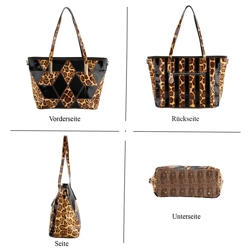 Chaos by Elsie Echtleder Shopper mit RFID, geometrisches Rauten Patchwork im 3D Würfel Look, Leopard mit Hochglanz Optik, 30 x 14 x 27 cm, Schwarz Braun