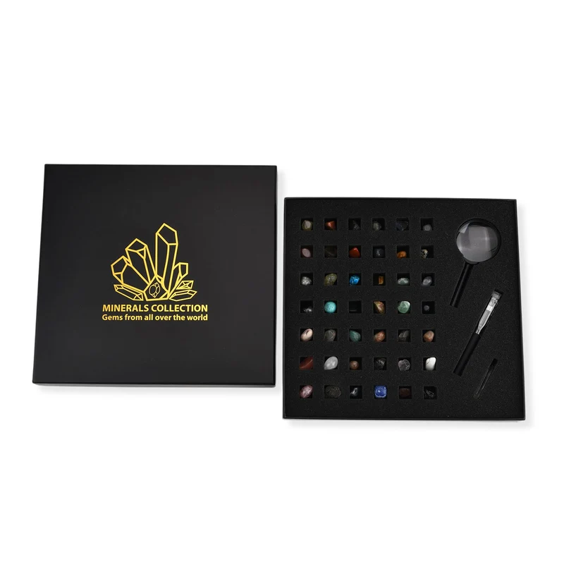 LIVMORE Mineralien Sammlung Set 45 teilig mit Bergkristall und Lupe, Mehrfarbig