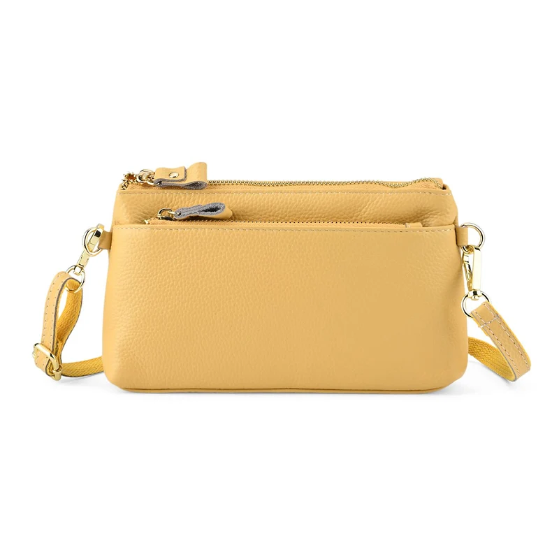 Leder Crossbody Tasche mit mehreren Reißverschlussfächern und verstellbarem Schulterriemen 21.5 x 4 x 13 cm Gelb