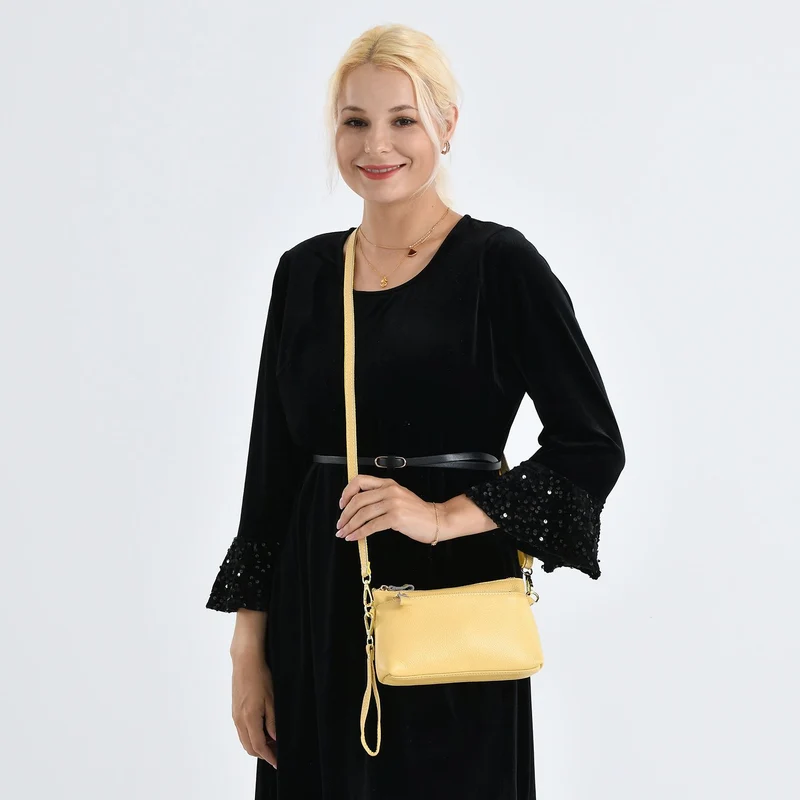 Leder Crossbody Tasche mit mehreren Reißverschlussfächern und verstellbarem Schulterriemen 21.5 x 4 x 13 cm Gelb