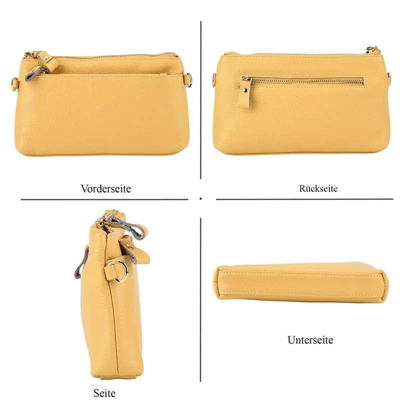 Leder Crossbody Tasche mit mehreren Reißverschlussfächern und verstellbarem Schulterriemen 21.5 x 4 x 13 cm Gelb