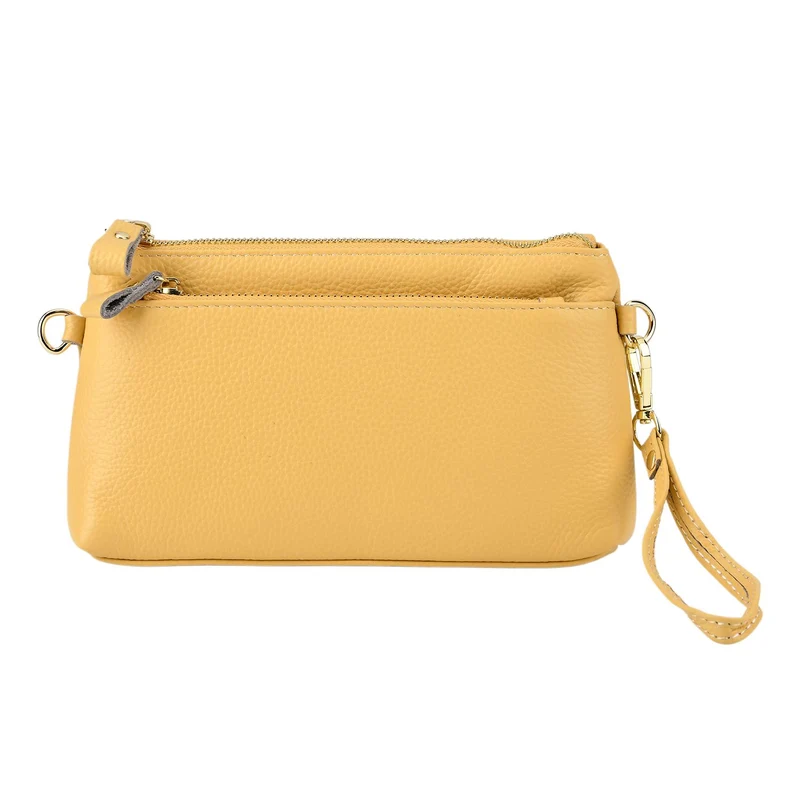 Leder Crossbody Tasche mit mehreren Reißverschlussfächern und verstellbarem Schulterriemen 21.5 x 4 x 13 cm Gelb