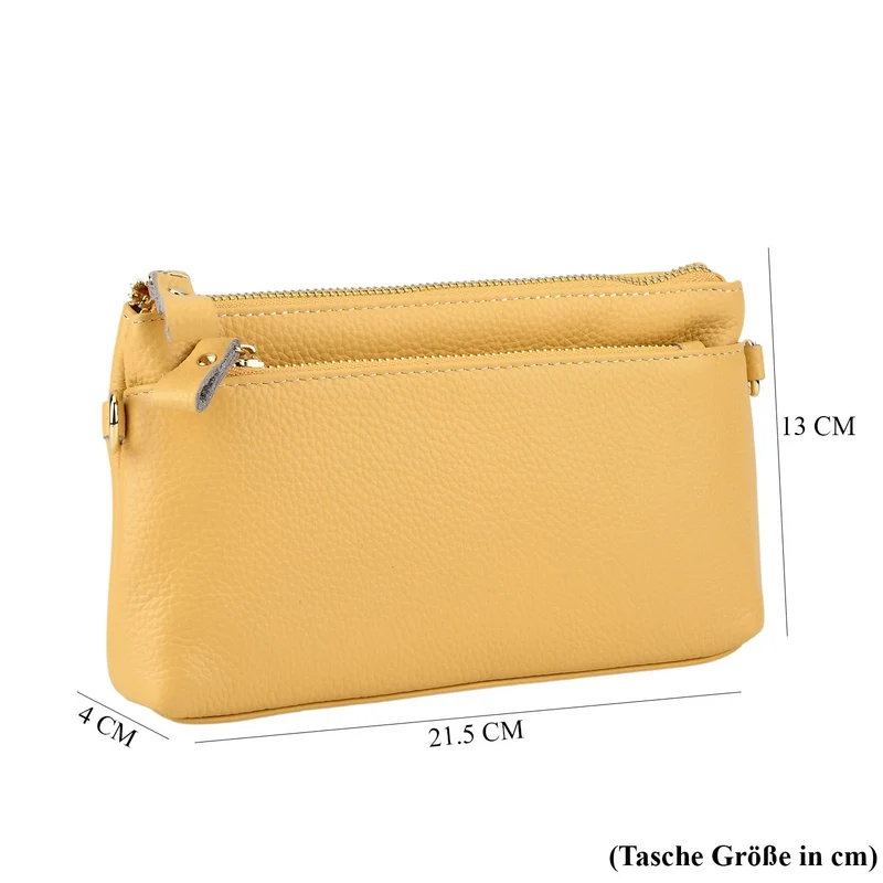 Leder Crossbody Tasche mit mehreren Reißverschlussfächern und verstellbarem Schulterriemen 21.5 x 4 x 13 cm Gelb