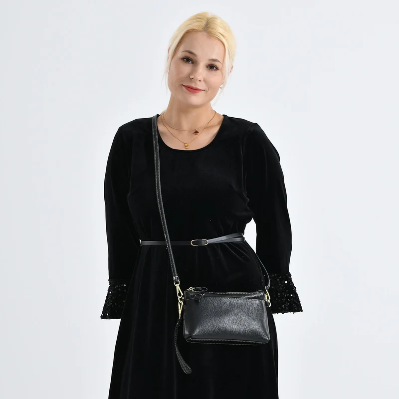 Leder Crossbody Tasche mit mehreren Reißverschlussfächern und verstellbarem Schulterriemen 21.5 x 4 x 13 cm Gelb