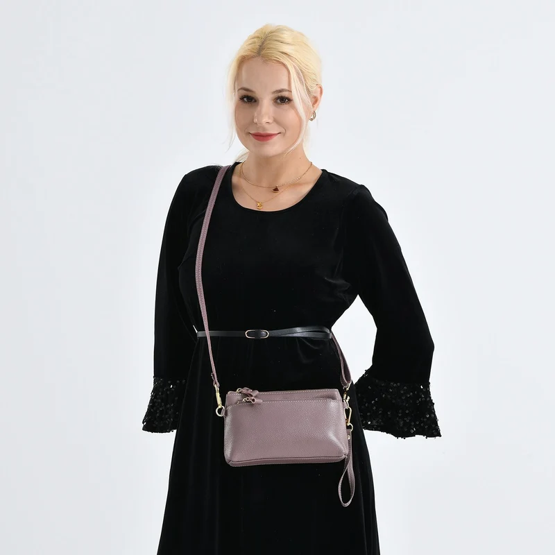 Leder Crossbody Tasche mit mehreren Reißverschlussfächern und verstellbarem Schulterriemen 21.5 x 4 x 13 cm Gelb