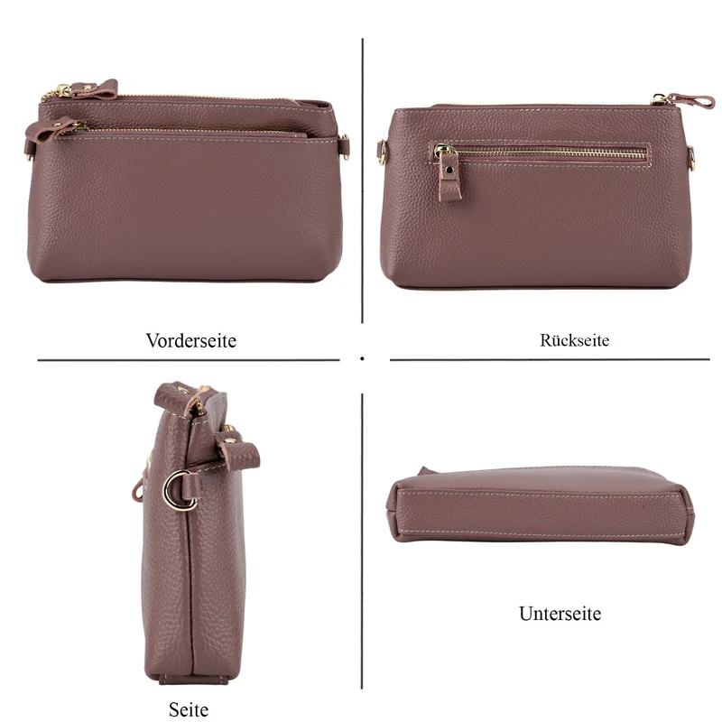 Leder Crossbody Tasche mit mehreren Reißverschlussfächern und verstellbarem Schulterriemen 21.5 x 4 x 13 cm Gelb