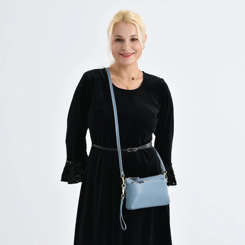 Leder Crossbody Tasche mit mehreren Reißverschlussfächern und verstellbarem Schulterriemen 21.5 x 4 x 13 cm Gelb