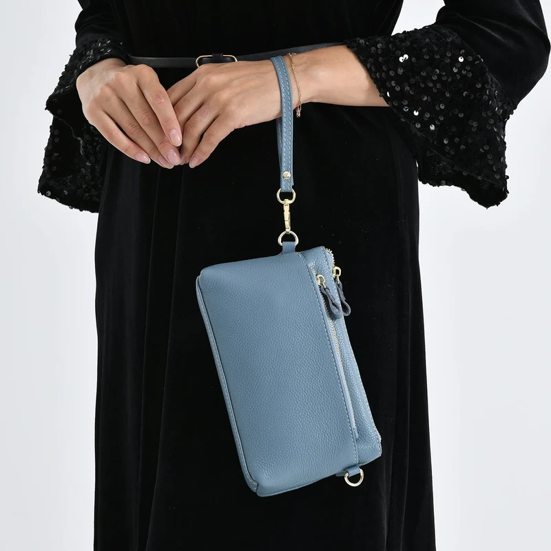 Leder Crossbody Tasche mit mehreren Reißverschlussfächern und verstellbarem Schulterriemen 21.5 x 4 x 13 cm Gelb