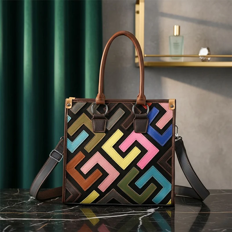 Chaos by Elsie Echtleder Crossbody Tasche mit RFID Schutz, Multicolor Prägedesign, 1 Außenfach und 2 Innenfächer, 36 x 15 x 25 cm