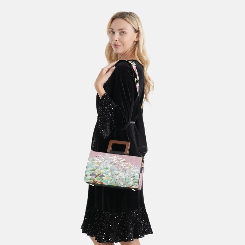 Florale Kunstprint Clutch-Crossbody-Tasche, 30 x 13 x 19 cm, Apricot