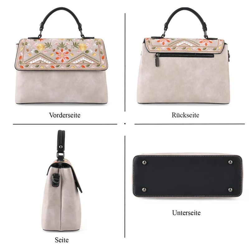 Florale Kunstprint Crossbody-Tasche mit gemustertem Schulterriemen, 29 x 11 x 21 cm, Elfenbein