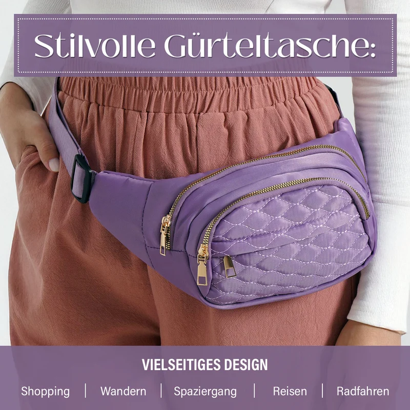 Gesteppte Nylon-Gürteltasche - RFID-Schutz, 4 Außenfächer, verstellbarer Schultergurt, 36?x?4?x13?cm, Grau