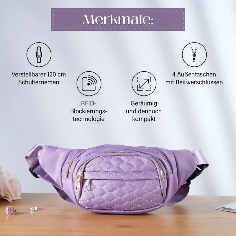Gesteppte Nylon-Gürteltasche - RFID-Schutz, 4 Außenfächer, verstellbarer Schultergurt, 36?x?4?x13?cm, Grau