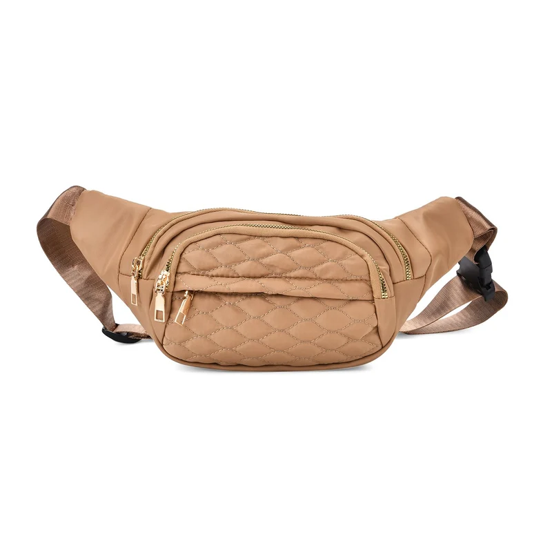 Gesteppte Nylon-Gürteltasche - RFID-Schutz, 4 Außenfächer, verstellbarer Schultergurt, 36?x?4?x13?cm, Grau