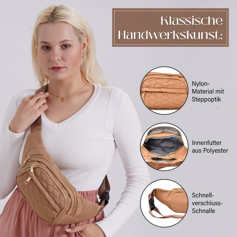 Gesteppte Nylon-Gürteltasche - RFID-Schutz, 4 Außenfächer, verstellbarer Schultergurt, 36?x?4?x13?cm, Grau